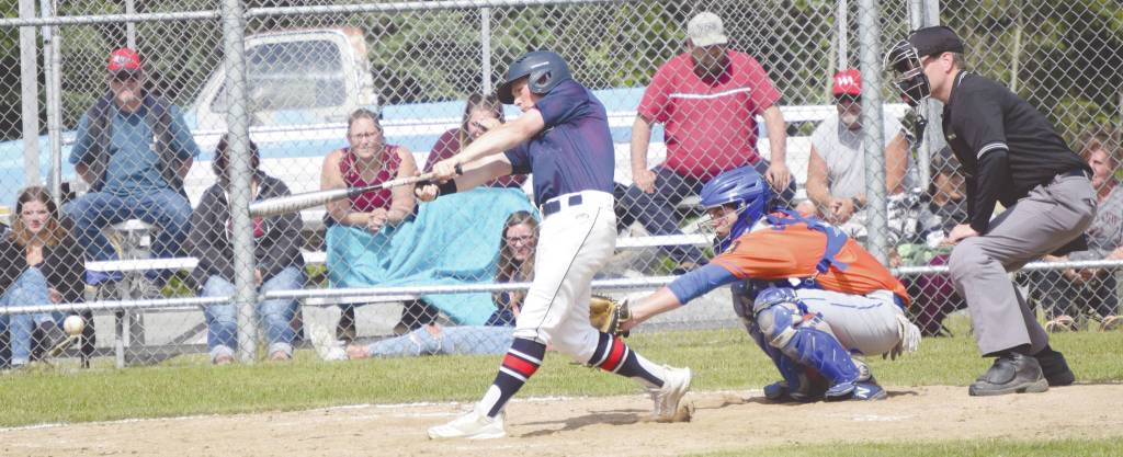 Alaska 20s Harrison Metz connects against Palmer on Saturday, July 11, 2020, at the Soldotna Little League fields in Soldotna, Alaska. (Photo by Jeff Helminiak/Peninsula Clarion)