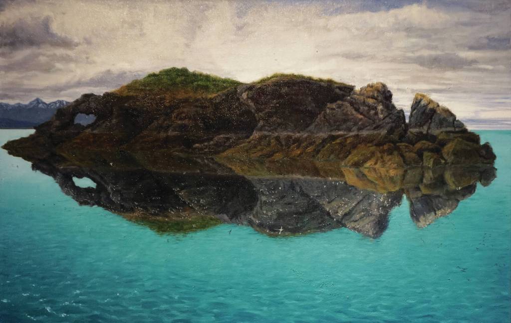 David Pettibones Reflection shows Gull Island, as seen on July 7, 2020, at Bunnell Street Arts Center in Homer, Alaska. (Photo by Michael Armstrong/Homer News)