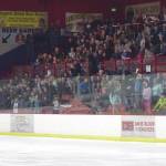 Jeff Helminiak / Peninsula Clarion                                 Brown Bears fans celebrate Luke Radetics goal in the third period by throwing the customary fish on the ice Friday, March 24, 2017, at the Soldotna Regional Sports Complex.
