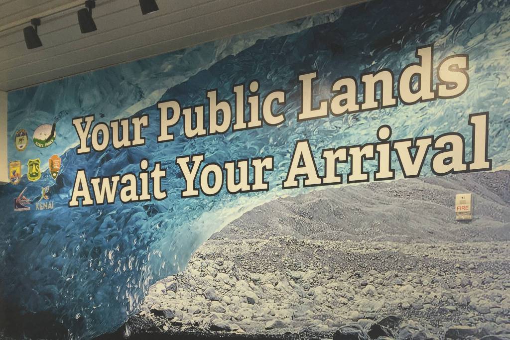 Part of a newly installed interagency public lands display is seen Monday, Aug. 3, 2020, in the Kenai Municipal Airport in Kenai, Alaska. (Photo by Jeff Helminiak/Peninsula Clarion)