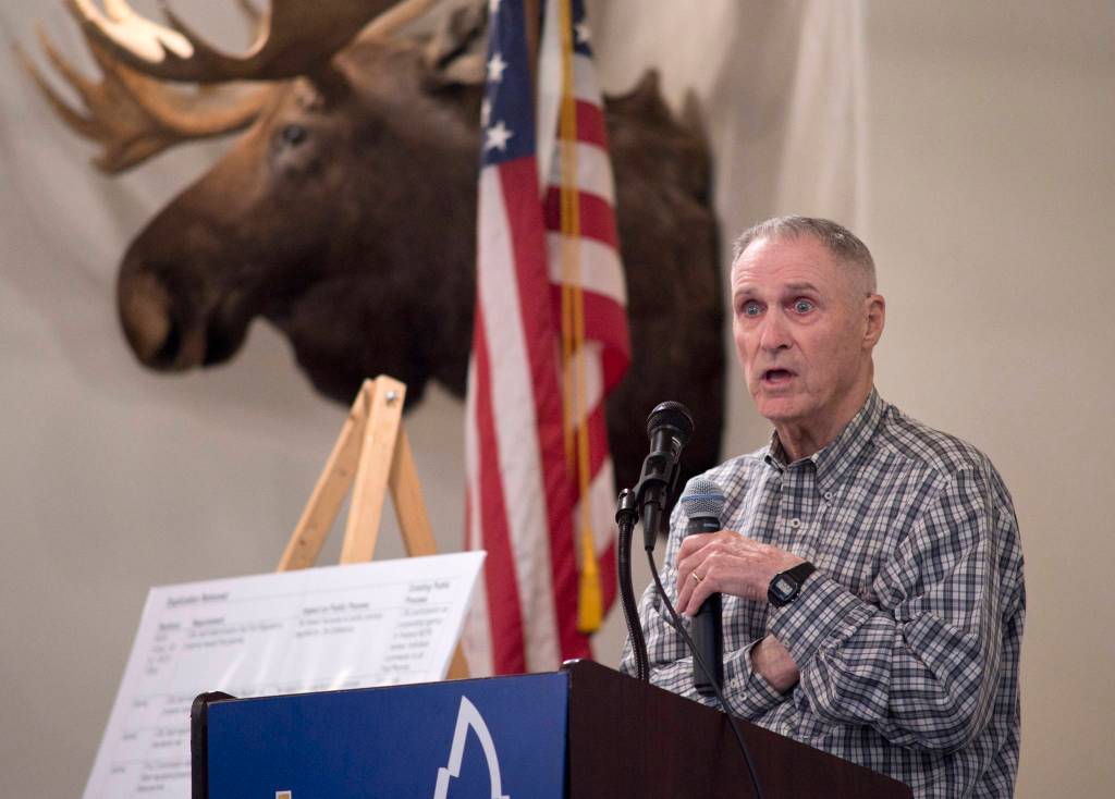 Long-time resident and local businessman Bill Corbus speaks to the Juneau Chamber of Commerce during their weekly luncheon in May 2017. (Michael Penn / Juneau Empire File)