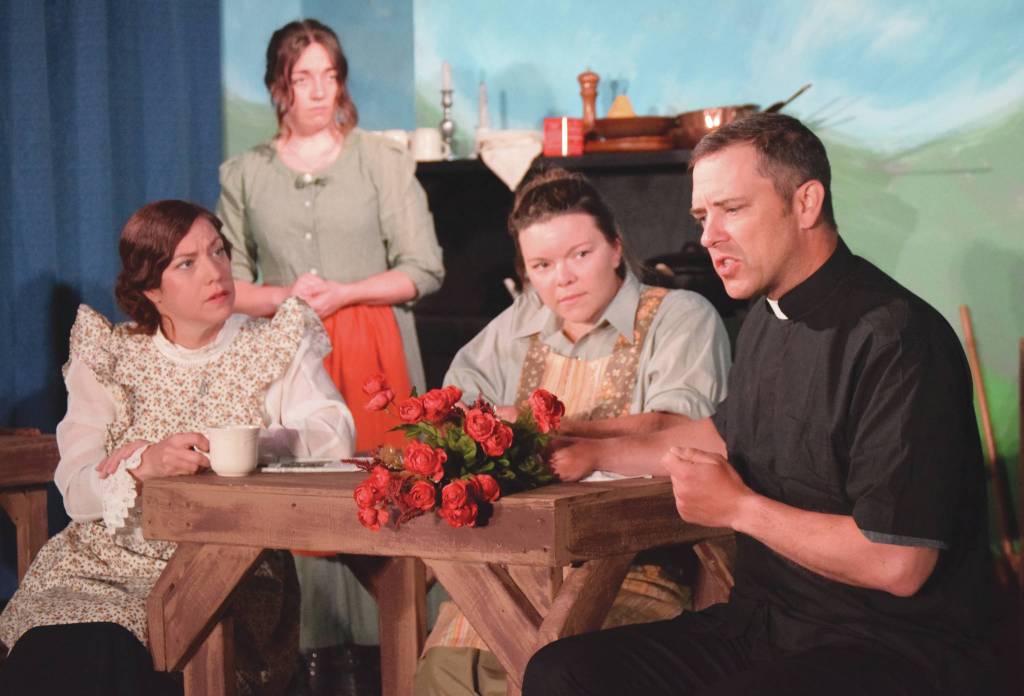 Jeff Helminiak / Peninsula Clarion                                Amy Burton, Hannah Tauriainen, Kelsey Short and Michael Burton rehearse for the Kenai Performers production of Dancing at Lughnasa on Monday at the Performers studio. Read the full article in the todays Progress 2020 Special section looking at business and life on the central peninsula.
