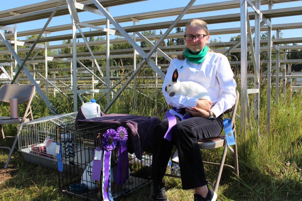 Jewel Meadow and her Grand Champion rabbits are seen here during the 4H Junior Market Drive-in Auction at the Soldotna Rodeo Grounds on Aug. 15, 2020. (Photo by Brian Mazurek/Peninsula Clarion)