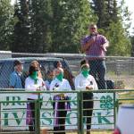 From left, JaLeen Gattenby, Jewel Meadow and Ndea Rollins show Meadows Grand Champion rabbits during the 4H Junior Market Drive-in Auction at the Soldotna Rodeo Grounds on Aug. 15, 2020. (Photo by Brian Mazurek/Peninsula Clarion)