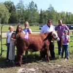 From left, the Peterkin family - Spencer, Julia, Misty and Ryan - Colton Rankin, Rayne Reynolds and Rayna Reynolds pose with Frank, the Grand Champion Steer, during the 4H Junior Market Drive-in Auction at the Soldotna Rodeo Grounds on Aug. 15, 2020. The Peterkins purchased Frank on behalf of their company, Magtec Alaska. (Photo by Brian Mazurek/Peninsula Clarion)