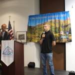 Andrew Gaethle, a student at Kenai Central High School, talks about his project to reduce beetle-killed trees on the Kenai Peninsula during the Caring for the Kenai Awards Ceremony at the Kenai Visitor Center on Aug. 19, 2020. (Photo by Brian Mazurek/Peninsula Clarion)                                Andrew Gaethle, a student at Kenai Central High School, talks about his project to reduce beetle-killed trees on the Kenai Peninsula during the Caring for the Kenai Awards Ceremony at the Kenai Visitor Center on Aug. 19, 2020. (Photo by Brian Mazurek/Peninsula Clarion)