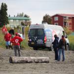 Staff and volunteers with the Alaska SeaLife Center bring five Harbor Seal pups down to the Kenai Beach to release them into the wild on Aug. 27, 2020. (Photo by Brian Mazurek/Peninsula Clarion)