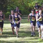 Homer sophomore Seamus McDonough takes control of the freshman-sophomore boys race at the Nikiski Class Races on Friday, Sept. 4, 2020, at Nikiski High School in Nikiski, Alaska. (Photo by Jeff Helminiak/Peninsula Clarion)