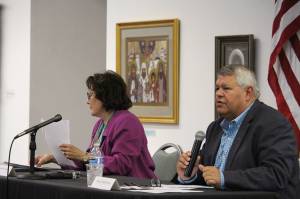 Mayoral candidates Linda Farnsworth-Hutchings (left) and Kenai Peninsula Borough Mayor Charlie Pierce (right) participate in a forum during the Kenai and Soldotna Chambers of Commerce Joint Luncheon and the Kenai Visitor and Cultural Center on Sept. 9, 2020. (Photo by Brian Mazurek/Peninsula Clarion)