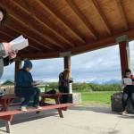 Some of the cast of Knife Skills rehearse at Karen Hornaday Park in August in Homer, Alaska. From left to right are Peter Sheppard, Ingrid Harrald, Theodore Castellani and Chloë Pleznac. (Photo courtesy of Lindsey Schneider)