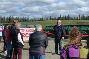 Ashlyn OHara/Peninsula Clarion                                Kenai Peninsula Borough Mayor Charlie Pierce addresses patrons at the Funny River Solid Waste Transfer Site on Friday. More than $670,000 in improvements are being made to the site.