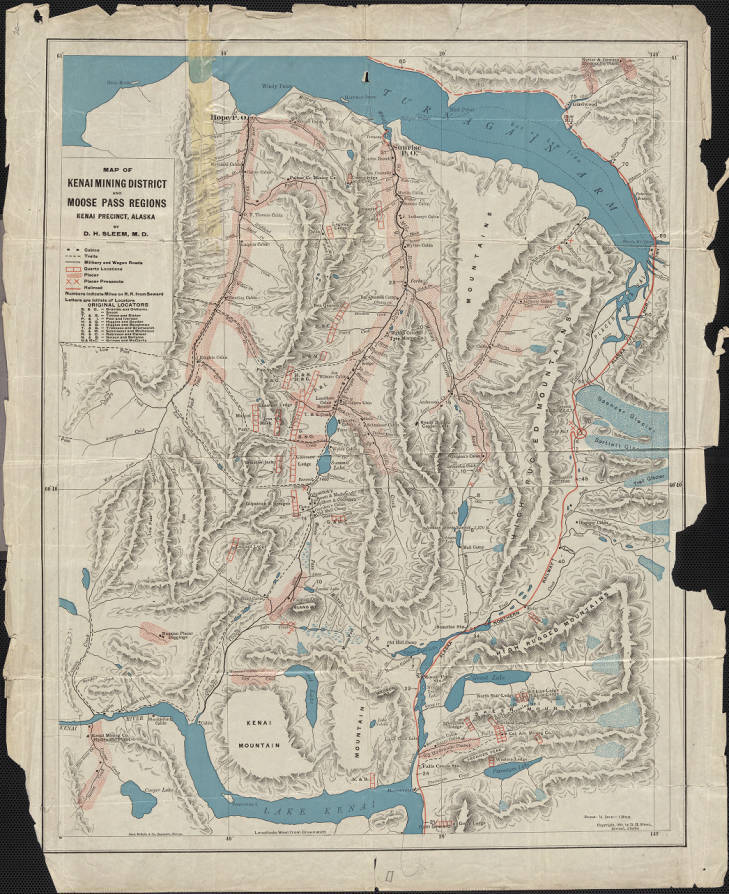 Image courtesy Clark Fair 
One of a series of tinted; highly detailed geographic works; this 1910 map by D.H. Sleem shows the mining districts of Kenai and Moose Pass.
