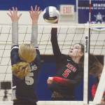 Kenai Centrals Brooke Ashley attacks Soldotnas Jolie Widaman on Friday, Sept. 25, 2020, at Soldotna High School in Soldotna, Alaska. (Photo by Jeff Helminiak/Peninsula Clarion)