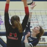 Soldotnas Bethany Richmond attacks Kenai Centrals Erin Koziczkowski on Friday, Sept. 25, 2020, at Soldotna High School in Soldotna, Alaska. (Photo by Jeff Helminiak/Peninsula Clarion)