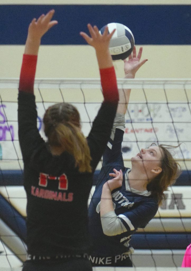 Soldotnas Bethany Richmond attacks Kenai Centrals Erin Koziczkowski on Friday, Sept. 25, 2020, at Soldotna High School in Soldotna, Alaska. (Photo by Jeff Helminiak/Peninsula Clarion)
