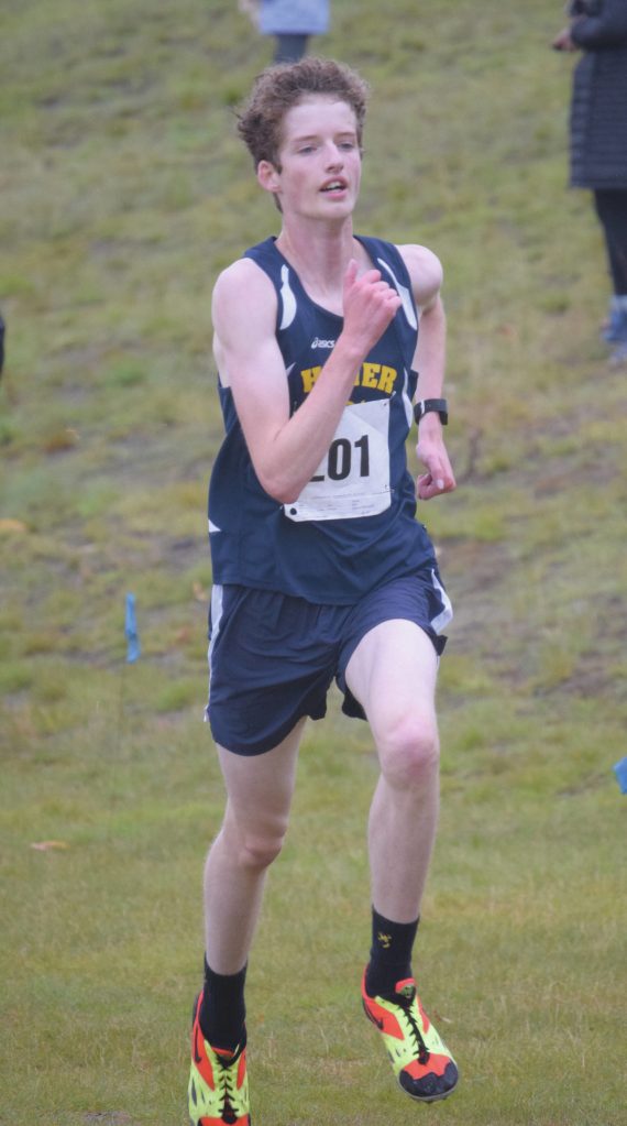 Homers Seamus McDonough runs to second place in the boys race at the Kenai Peninsula Borough cross-country meet Saturday, Sept. 26, 2020, at Tsalteshi Trails just outside of Soldotna, Alaska. (Photo by Jeff Helminiak/Peninsula Clarion)