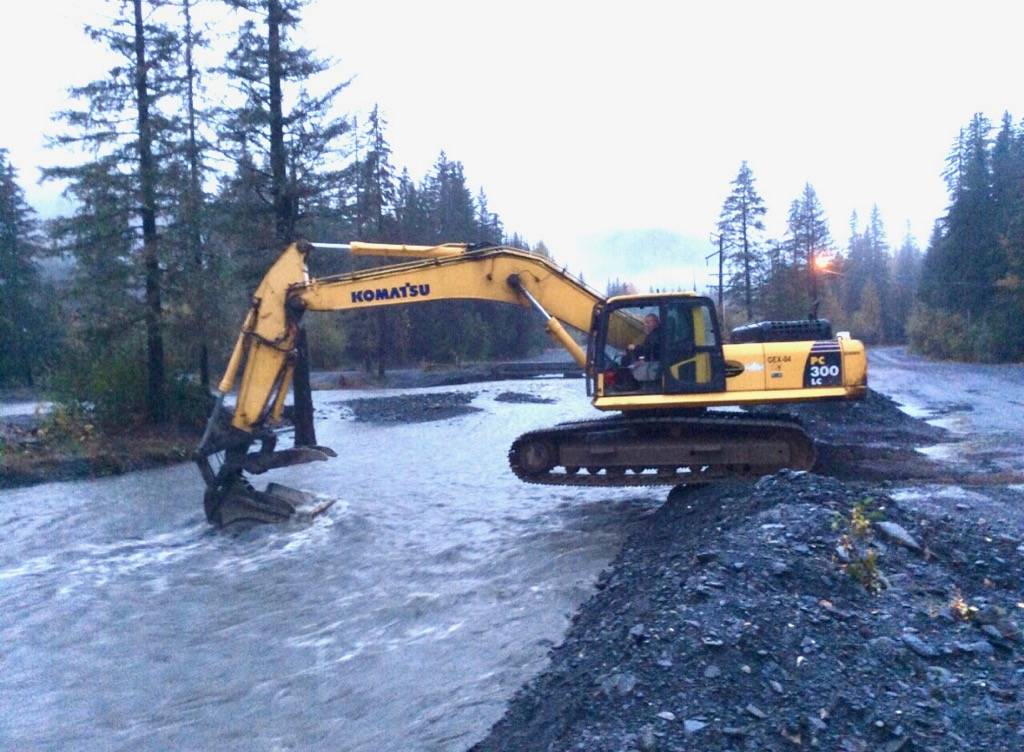 Photo courtesy KPB Incident Management Team                                 Heavy equipment operators attempt to mitigate flooding in Seward on Saturday.