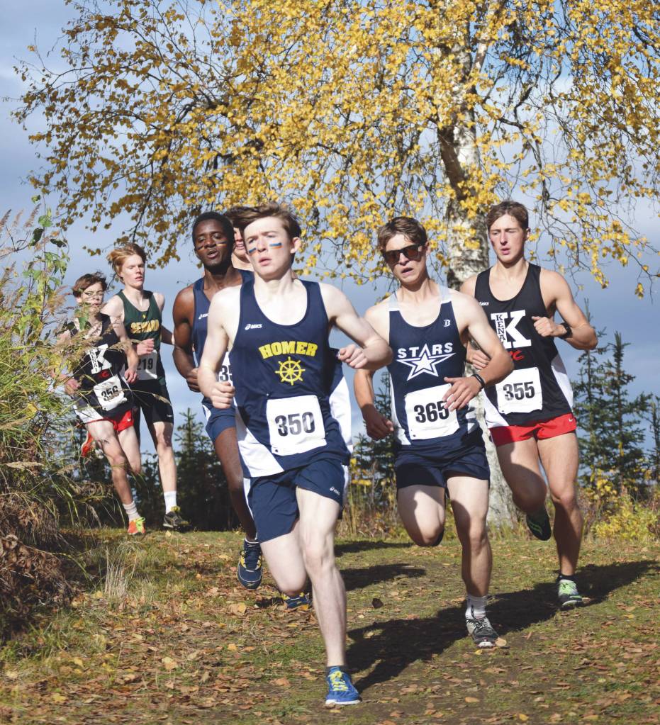 Homers Lance Seneff leads the pack in the first kilometer of the Region III/Southern Division boys race Saturday, Oct. 3, 2020, at Tsalteshi Trails just outside of Soldotna, Alaska. Race champion Maison Dunham of Kenai Central is at far right. (Photo by Jeff Helminiak/Peninsula Clarion)