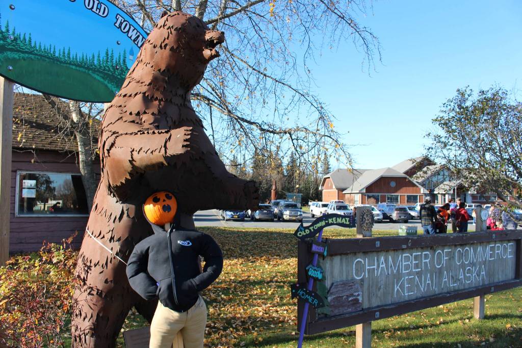 A scarecrow designed by the Kenai Chamber of Commerce is seen here outside the Kenai Visitor and Cultural Center during the 5th annual Kenai Fall Pumpkin Festival in Kenai, Alaska on Oct. 10, 2020. (Photo by Brian Mazurek/Peninsula Clarion)