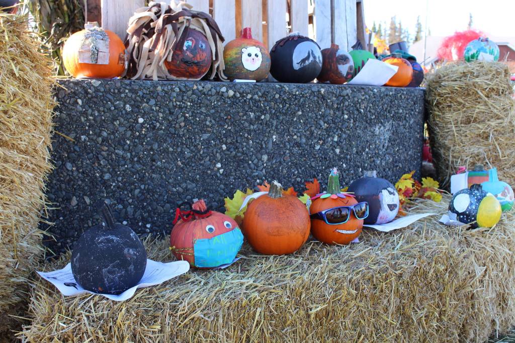 Some of the pumpkins submitted to the pumpkin decorating contest are seen here during the 5th annual Kenai Fall Pumpkin Festival in Kenai, Alaska on Oct. 10, 2020. (Photo by Brian Mazurek/Peninsula Clarion)