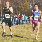 Sewards Max Pfeiffenberger outsprints Nomes Tobin Hobbs (30) to the line Saturday, October 10, 2020, at the ASAA cross-country running championships at Kincaid Park in Anchorage, Alaska. (Photo by Joey Klecka/For the Clarion)