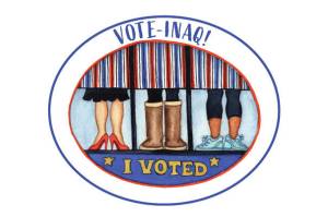 This I voted sticker in Aleut by artist Barbara Lavallee is part of the Alaska Division of Elections 2020 stickers designed to depict the diversity, strength and power of Alaskan women, according to an Oct. 12, 2020, press release from the Division of Elections. The designs feature the words I voted in English, Spanish, Koyukon, Gwichin, Aleut, Tagalog, Alutiiq, Northern Inupiaq, Nunivak Cupig, and Yupik, and will be available at polling places for the Nov. 3 general election as well as online. (Photo courtesy Alaska Division of Elections)