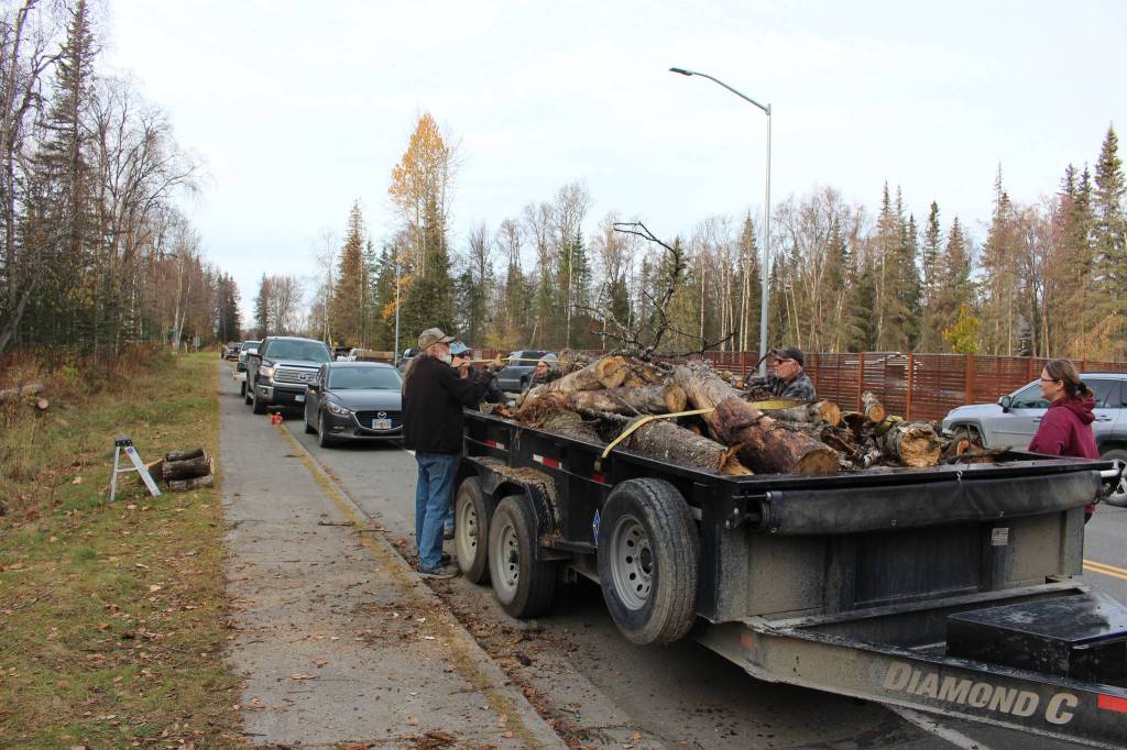 Volunteers haul dead wood that has been cleared from the Kenai Peninsula Peace Crane Garden Trail on Marydale Avenue in Soldotna, Alaska, on Oct. 17, 2020. (Photo by Brian Mazurek/Peninsula Clarion)