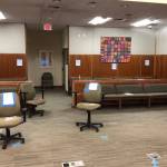 Social distancing measures to address the coronavirus pandemic, such as marked spots for jurors, are photographed inside a courtroom at the Kenai Courthouse in this October 2020 photo. (Photo courtesy Judge Jennifer Wells)