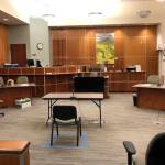 A witness chair stands in the middle of a courtroom at the Kenai Courthouse as part of socially distancing measures, photographed in October 2020. (Photo courtesy Judge Jennifer Wells)