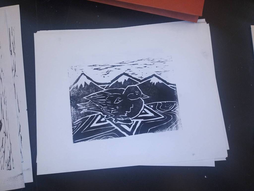 Linoleum prints made by Seward Middle and High School students are seen here in this undated photo. Anyone who brings in a receipt to one of three locations on the peninsula showing they donated $10 or more to the Alaska SeaLife Center in Seward gets to take home a print of their choice. (Photo courtesy Megan Wiley)