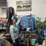 Amy Kruse, owner of Love From Alaska, shows off some of her wares inside Cook Inletkeepers Community Action Studio in Soldotna, Alaska, on Thursday, Nov. 5, 2020. (Photo by Brian Mazurek/Peninsula Clarion)