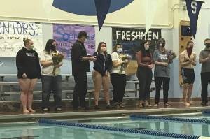 Soldotna High School senior swimmers are honored Oct. 30, 2020, at Soldotna High School. The seniors, from left to right, are Nathan Pitka, Emma Snyer, Deloma Watkins, Kat Gross and Brandon Christenson. (Photo provided by Luke Herman)
