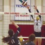 Homers Gracie Gummer goes up for a block on Soldotnas Morgan Bouschor on Saturday, Nov. 7, 2020, at Kenai Central High School in Kenai, Alaska. (Photo by Jeff Helminiak/Peninsula Clarion)