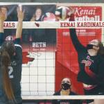 Kenai Centrals Bethany Morris attacks Soldotnas Sierra Kuntz on Saturday, Nov. 7, 2020, at Kenai Central High School in Kenai, Alaska. (Photo by Jeff Helminiak/Peninsula Clarion)