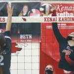 Kenai Central's Bethany Morris attacks Soldotna's Sierra Kuntz on Saturday, Nov. 7, 2020, at Kenai Central High School in Kenai, Alaska. (Photo by Jeff Helminiak/Peninsula Clarion)