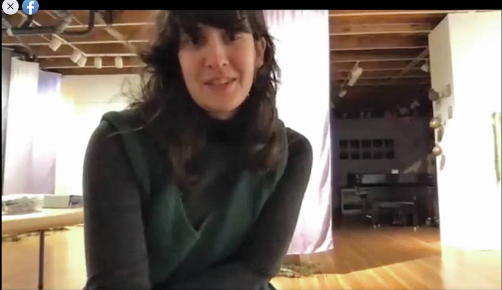 Elisa Pettibone speaks in a Facebook Live video on Friday, Nov. 6, 2020, for her show, Swatches, at Bunnell Street Arts Center in Homer, Alaska. (Screenshot courtesy Bunnell Street Arts Center)