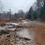 This photo provided by the Alaska Department of Transportation and Public Facilities shows damage from heavy rains and a mudslide 600 feet wide in Haines, Alaska, on Wednesday, Dec. 2, 2020. Authorities say six people are unaccounted for, and four homes were destroyed in the slide, with the search resuming Thursday morning for survivors. (Matt Boron / Alaska Department of Transportation and Public Facilities)