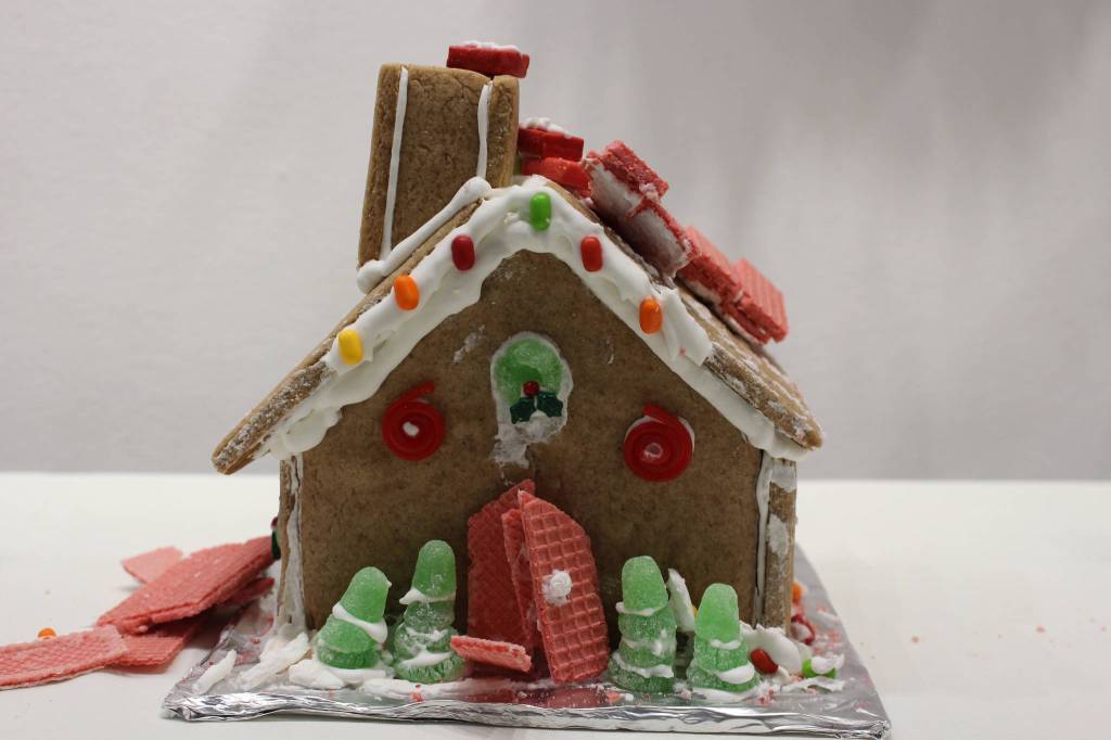 A gingerbread house created by Manoah Barnes, age 3, is seen on display at the Kenai Visitors and Cultural Center on Dec. 8, 2020. (Photo by Brian Mazurek/Peninsula Clarion)