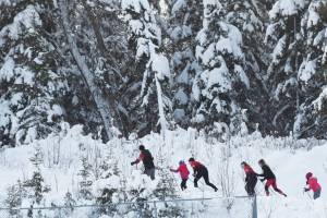 Clarion File photo
Kenais Josh Foster races in the boys relay at the Kenai Peninsula Borough nordic ski meet at the Tsalteshi Trails in Soldotna in 2019.
