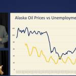 Gov. Mike Dunleavy, top left, holds a press conference on his proposed budget for the State of Alaska for Fiscal Year 2022 on Dec. 11, 2020. Bottom left: Sign language interpreter Elizabeth Davidson. (Screenshot)