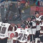 Kenai River Brown Bears forward Brandon Lajoie (arm raised) celebrates his first-period goal Friday, Jan. 17, 2020, against the Maine Nordiques at the Soldotna Regional Sports Complex in Soldotna, Alaska. (Photo by Jeff Helminiak/Peninsula Clarion)