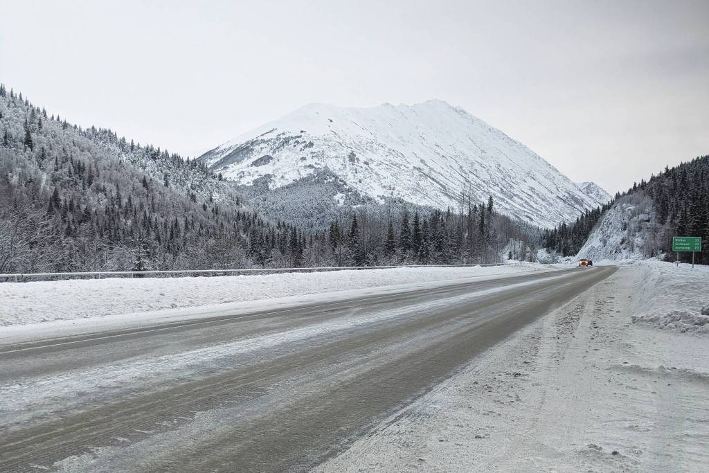 Motorists travel on the Seward Highway near the Hope Highway cutoff in Alaska on Thursday, Dec. 24, 2020. (Photo by Erin Thompson/Peninsula Clarion)