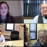 Kenai Peninsula Borough School District Superintendent John OBrien, bottom left, gives a presentation to members of the Kenai Chamber of Commerce during a virtual luncheon held via Zoom on Wednesday, Dec. 30, 2020. Also pictured: Kenai Chamber Executive Director Brittany Brown, top left, moderator Merrill Sikorski, top right, and KPBSD Assistant Superintendent Dave Jones, bottom right. (Screenshot)