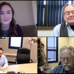 Kenai Peninsula Borough School District Superintendent John OBrien, bottom left, gives a presentation to members of the Kenai Chamber of Commerce during a virtual luncheon held via Zoom on Wednesday, Dec. 30, 2020. Also pictured: Kenai Chamber Executive Director Brittany Brown, top left, moderator Merrill Sikorski, top right, and KPBSD Assistant Superintendent Dave Jones, bottom right. (Screenshot)