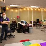Vaughn Dosko (left) and Sarah Hutchison (right) discuss COVID-19 mitigation in Hutchisons classroom at Kenai Middle School on Friday, Jan. 8 in Kenai, Alaska. (Ashlyn OHara/Peninsula Clarion)