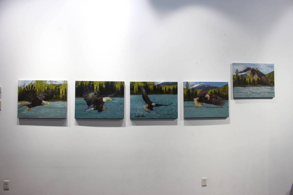 Photographs on canvas by Mary Frische and Tom Collopy are on display at the Kenai Visitor and Cultural Center on Jan. 12, 2021. (Photo by Brian Mazurek/Peninsula Clarion)