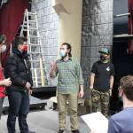 Members of the Kenai Performers rehearse a scene from Murder in the Cathedral at the Kenai Performers black box theater in Soldotna, Alaska, on Jan. 16, 2021. From left: Josiah Burton, Jaron Swanson, Raleigh Van Natta, Spring Sibayan and director Paul Morin. (Photo by Brian Mazurek/Peninsula Clarion)