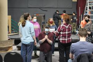 Members of the Kenai Performers rehearse a scene from Murder in the Cathedral at the Kenai Performers black box theater in Soldotna, Alaska, on Jan. 16, 2021. (Photo by Brian Mazurek/Peninsula Clarion)