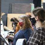 Members of the Kenai Performers rehearse a scene from Murder in the Cathedral at the Kenai Performers black box theater in Soldotna, Alaska, on Jan. 16, 2021. From left: Selia Butler, Jodene McAuliffe, Terri Burdick and Alyeska Krull. (Photo by Brian Mazurek/Peninsula Clarion)