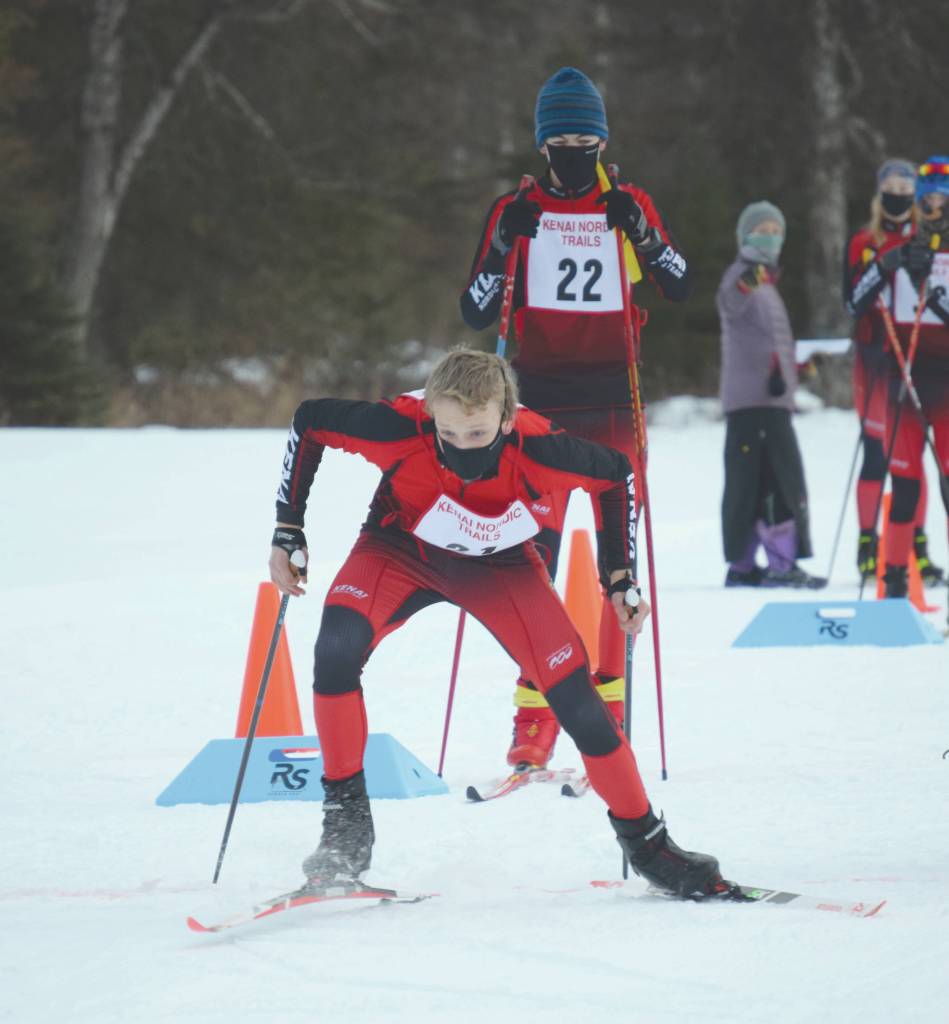Kenai Centrals Jack Laker takes victory in the boys race with Seward at the Kenai Nordic Trails on Saturday, Jan. 16, 2021, in Kenai, Alaska. (Photo by Jeff Helminiak)